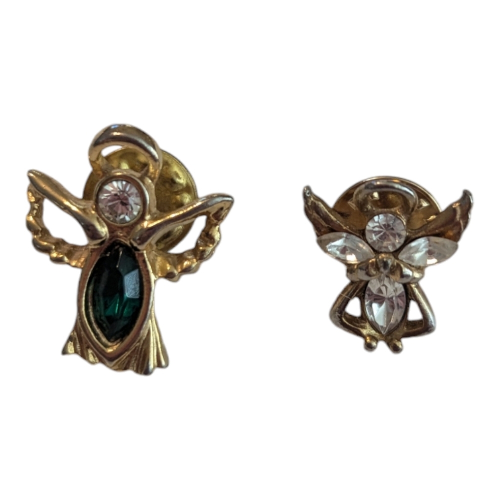 Pair Of Vintage Gold Tone White N Green Crystal Guardian Angel Lapel Pins